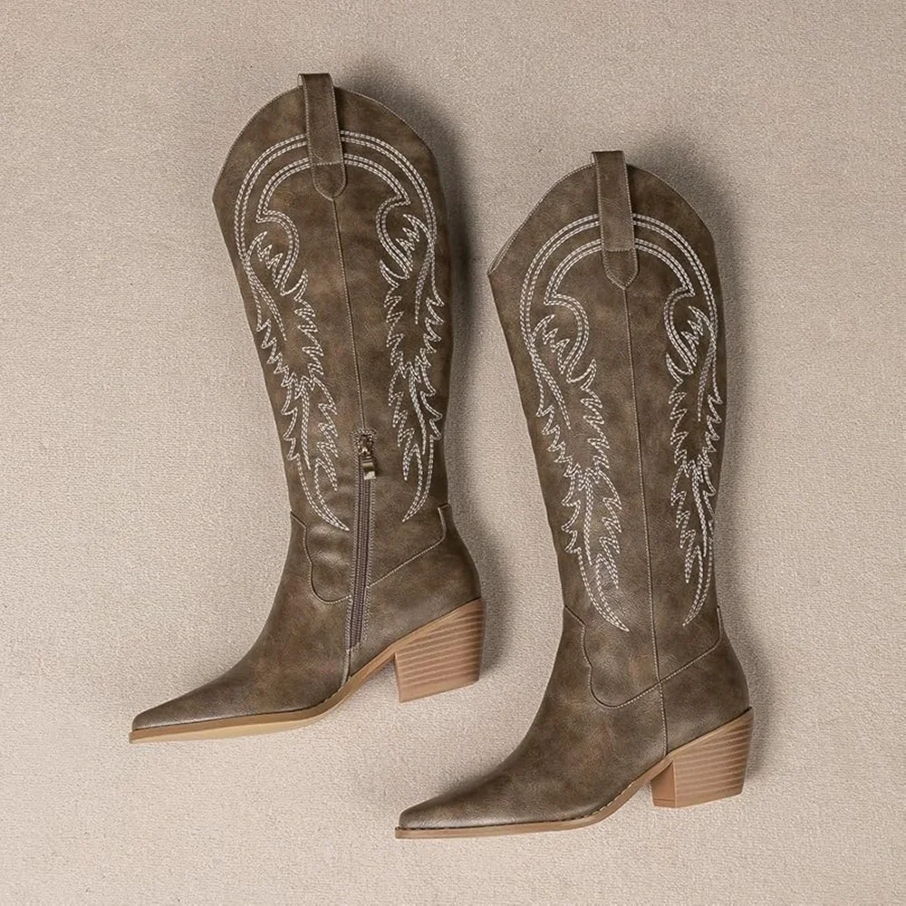 NWOT Women Western Cowboy Boots Knee High Pointed Toe Cowgirl Boots With Zipper - Picture 1 of 5